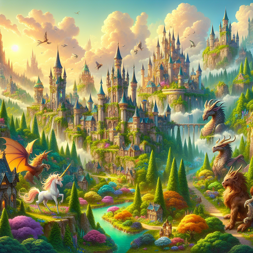 Fantasy landscape with castles and mystical creatures
